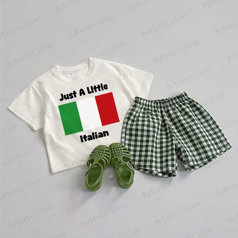 JUST A LITTLE ITALIAN　ベビーTシャツとチェック柄ショートパンツの2点セット - ホワイト＆グリーン - 3～5歳 - image 1