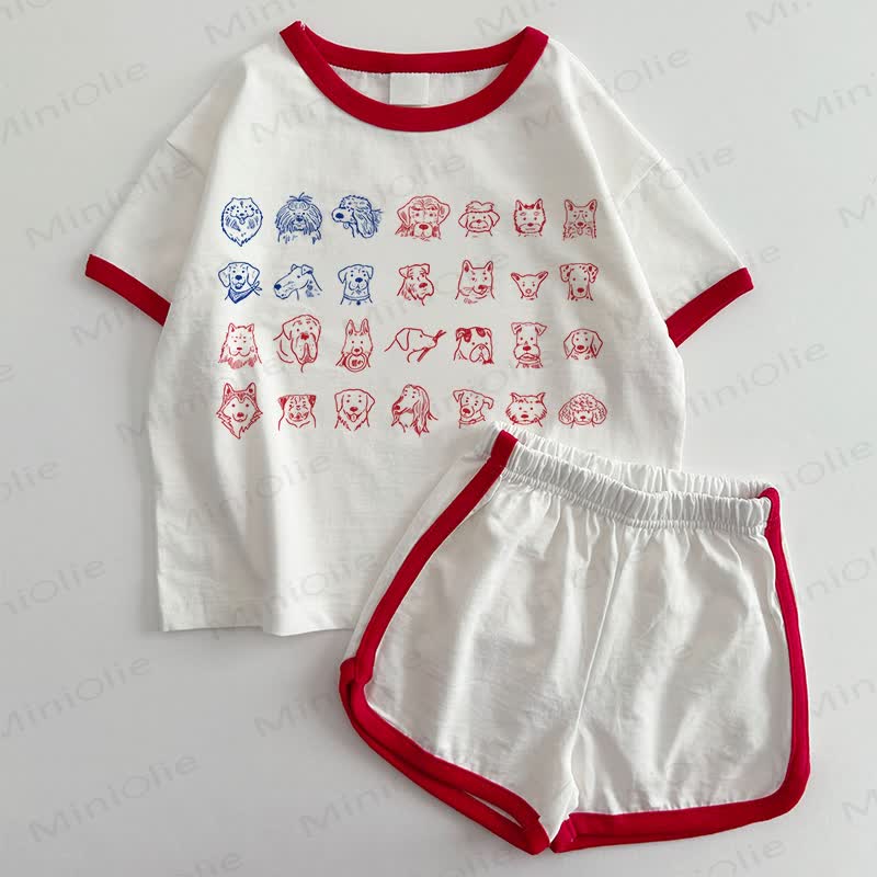 ベビー・幼児用漫画柄子犬Tシャツ＆ショートパンツ2点セット - 白と赤 - 3～5歳 - image 1