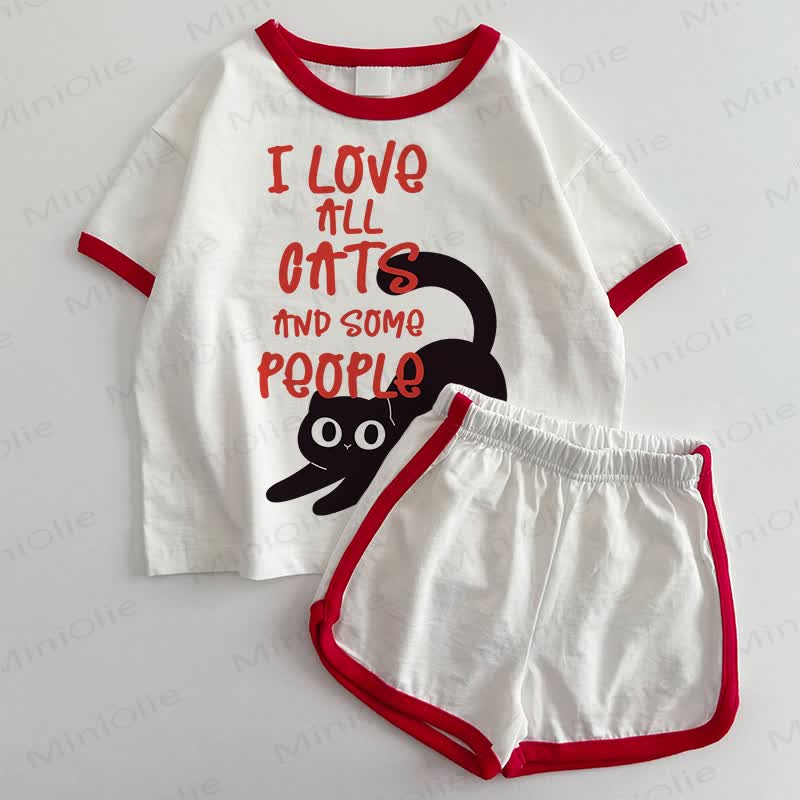 猫も人もLOVE！ベビー・幼児用Tシャツ＆ショートパンツ 2点セット - 白と赤 - 3～5歳 - image 1