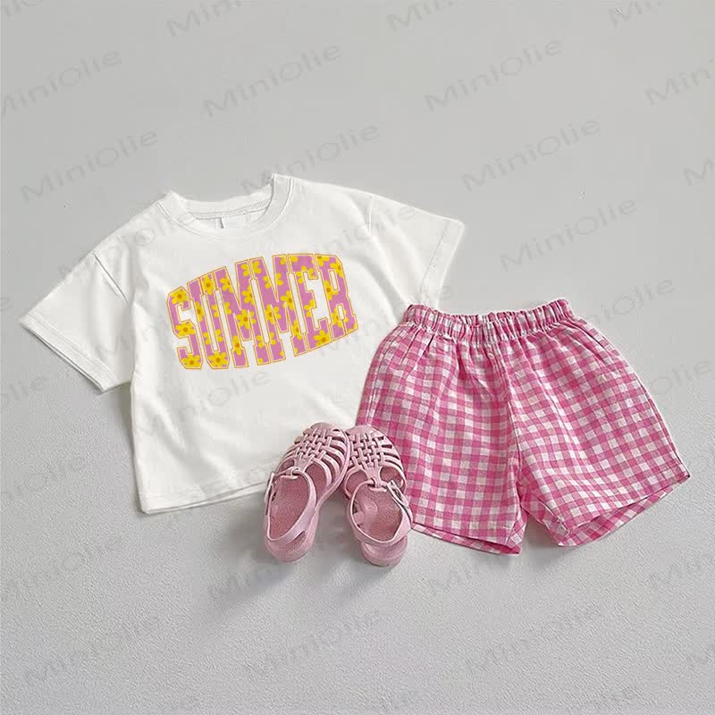 SUMME ベビーフラワープリントTシャツとチェック柄ショートパンツの2点セット - ホワイト＆ピンク - 3～5歳 - image 1