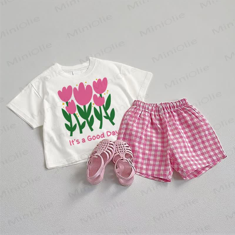 IT'S A GOOD DAY！ベビーチューリップTシャツとチェック柄ショートパンツのツーピースセット - ホワイト＆ピンク - 3～5歳 - image 1