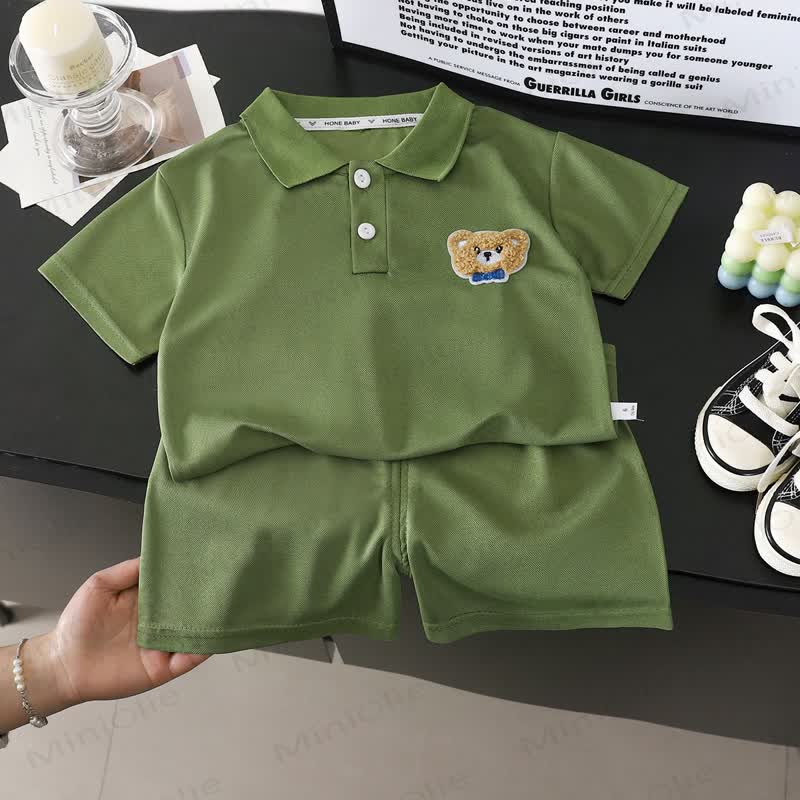 赤ちゃん・幼児用クマの刺繍入りポロシャツとショートパンツの2点セット - 緑 - 6～7歳 - image 6