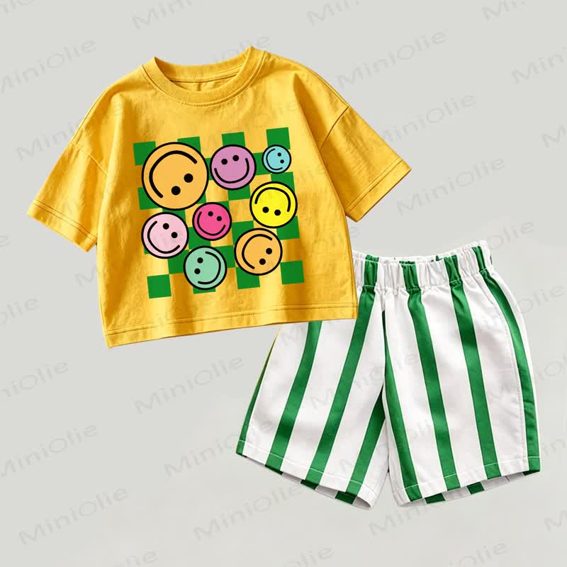 ベビーイエロー＆グリーン スマイリーフェイス チェック柄トップスとストライプ柄ショートパンツのツーピースセット - 黄色と緑 - 2～3歳 - image 1