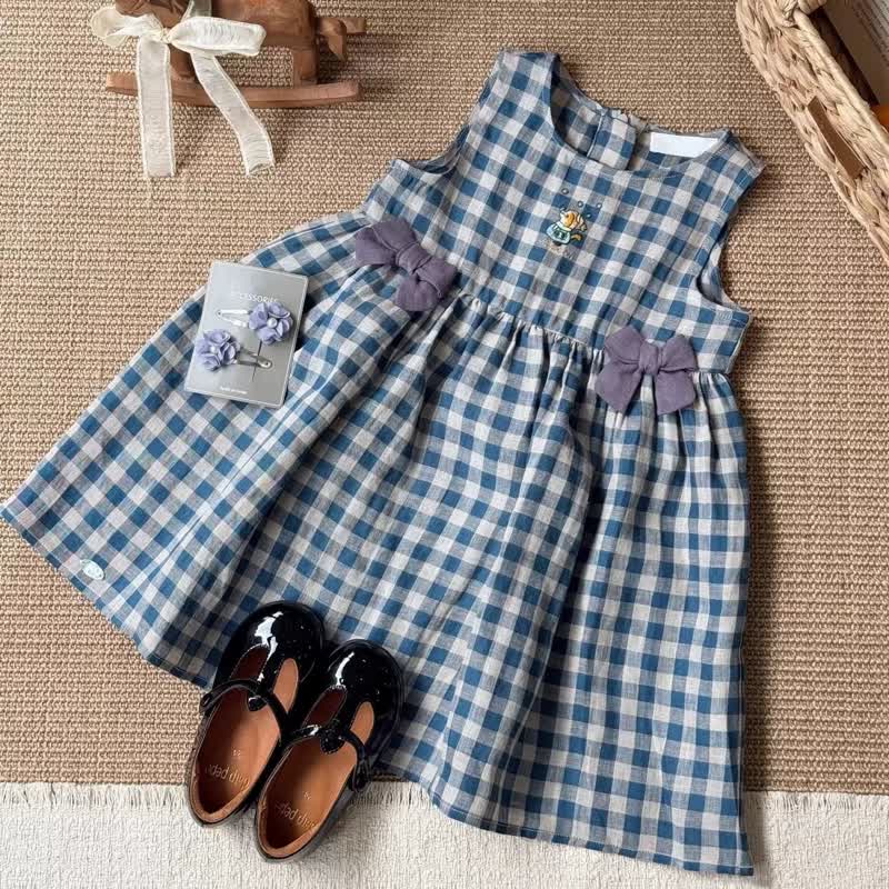 幼児用女の子向けブルーチェック柄リボン付きノースリーブDress - 青 - 7-8T - image 1