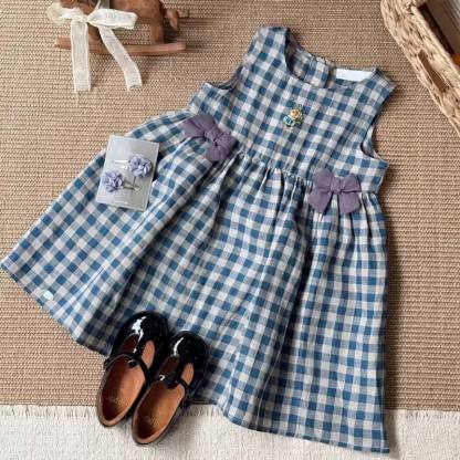幼児用女の子向けブルーチェック柄リボン付きノースリーブDress - 青 - 7-8T - image 1