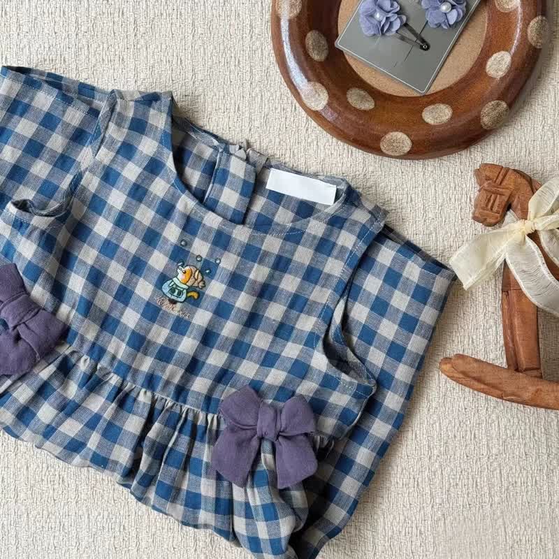 幼児用女の子向けブルーチェック柄リボン付きノースリーブDress - image 2