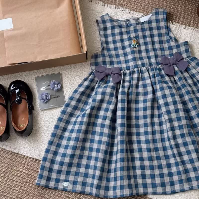 幼児用女の子向けブルーチェック柄リボン付きノースリーブDress - image 4