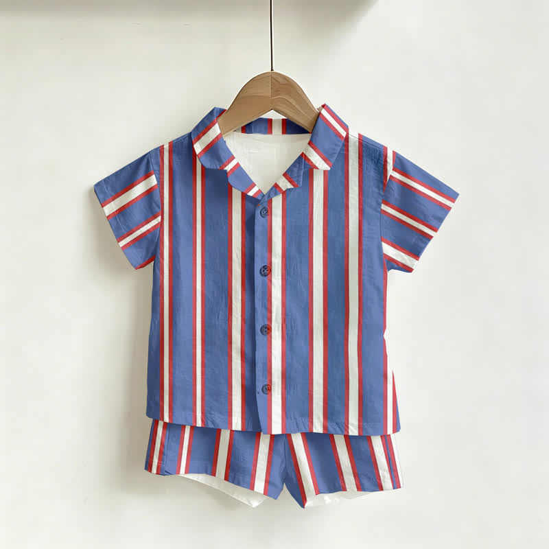 幼児男の子用ストライプシャツ＆ショートパンツ2点セット - 青 - 4～5歳 - image 1
