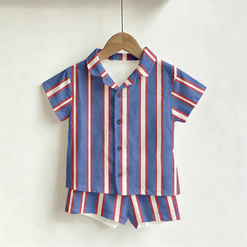 幼児男の子用ストライプシャツ＆ショートパンツ2点セット - 青 - 4～5歳 - image 1