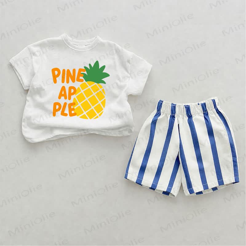 PINEAPPLE柄のベビー用ブルーストライプのツーピースショーツセット - ホワイト＆ブルー - 2～3歳 - image 1