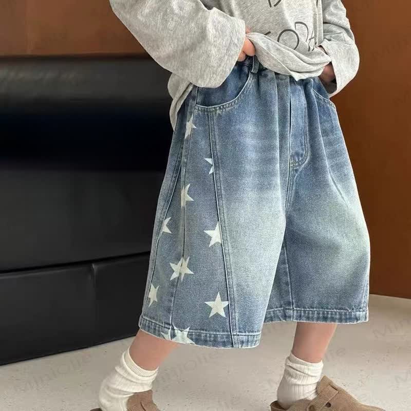 幼児男の子用 星柄パッチ付き ウォッシュドデニム無地ブルーショートパンツ - 青 - 12～13歳 - image 1