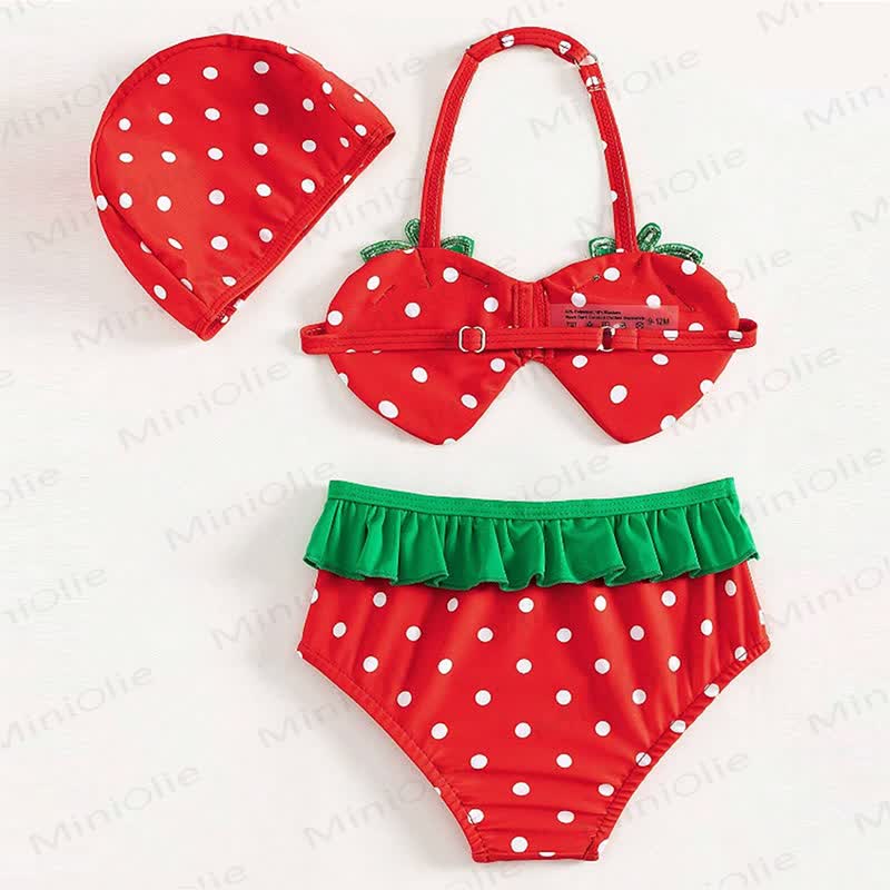 幼児用女の子向けイチゴ柄水玉模様水着ツーピースセット（スイムキャップ付き） - image 2