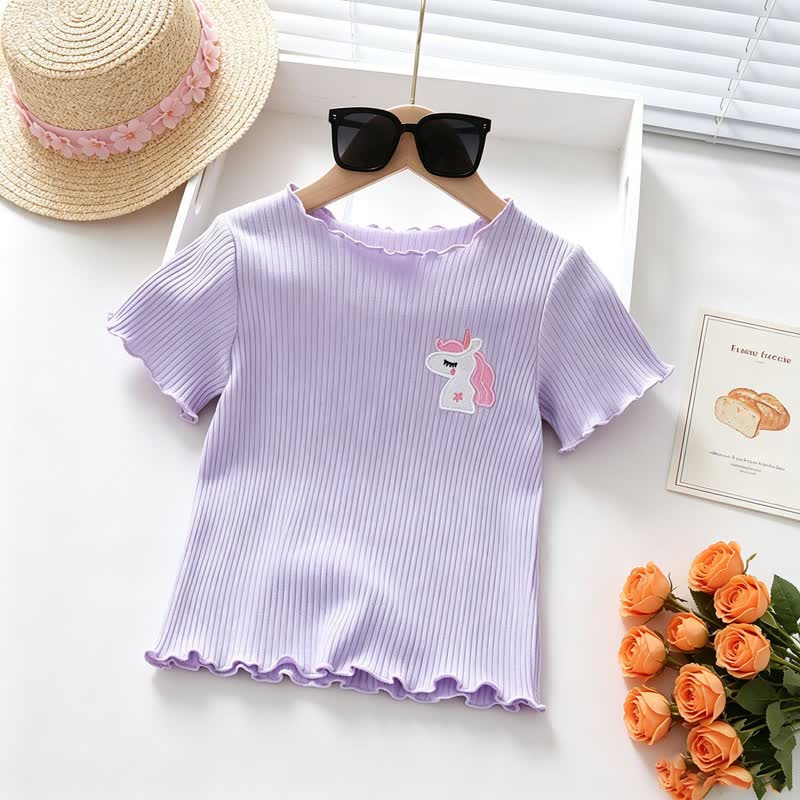幼児用女の子リブ編み動物刺繍フリル付きTシャツ - 紫 - 4～5歳 - image 2