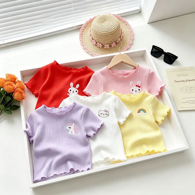 幼児用女の子リブ編み動物刺繍フリル付きTシャツ - image 7