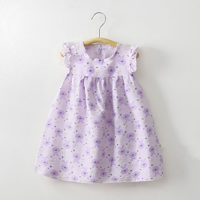 幼児用女の子向け花柄フリル袖サマーDress - パープルラビット - 8-9T - image 2