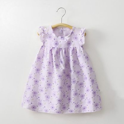 幼児用女の子向け花柄フリル袖サマーDress - パープルラビット - 8-9T - image 2