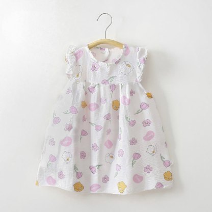 幼児用女の子向け花柄フリル袖サマーDress - 白い花 - 8-9T - image 4