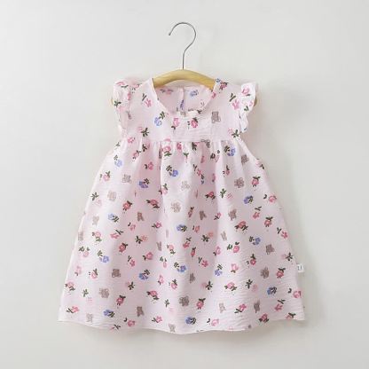 幼児用女の子向け花柄フリル袖サマーDress - ピンクのクマ - 8-9T - image 6