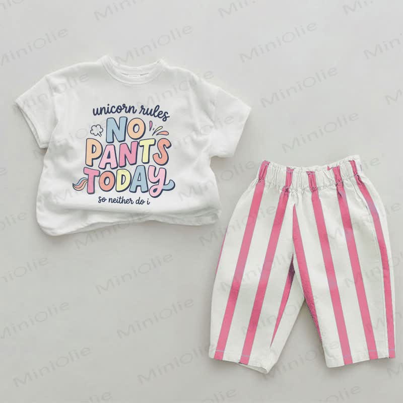 NO PANTS TODAYで！ベビーガールズ用スローガン入りピンク縦ストライプツーピースセット - ホワイト＆ピンク - 2～3歳 - image 1