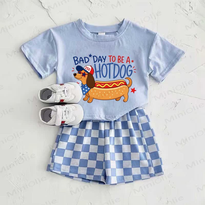 BAD DAY TO BE A HOT DOGベビーブルーのダックスフンド柄Tシャツとチェック柄パンツのツーピースセット - 青 - 2～3歳 - image 1
