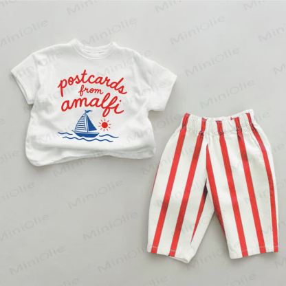 POSTCARDS FROM AMALFIベビー用帆船柄 赤ストライプ 2枚セット - 白と赤 - 2～3歳 - image 1