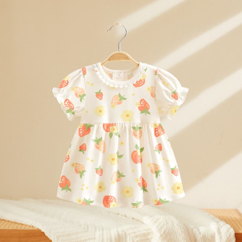 幼児用ベビーガールズプリントパフスリーブサマーDress - ホワイトストロベリー - 4～5歳 - image 3