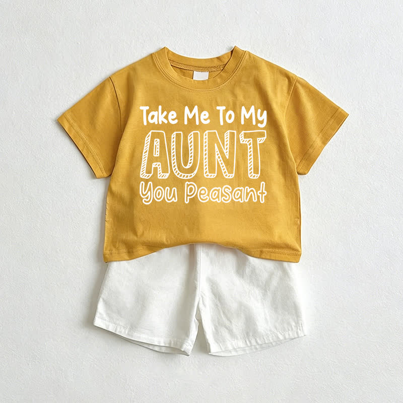TAKE ME TO MY AUNT YOU PEASANTイエロー＆ホワイトTシャツとショートパンツの2点セット - 黄色と白 - 3～5歳 - image 1