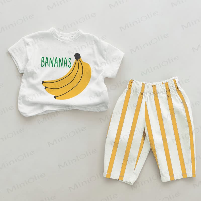 BANANAS柄ベビー服（縦ストライプ柄）2点セット - 白と黄色 - 2～3歳 - image 1