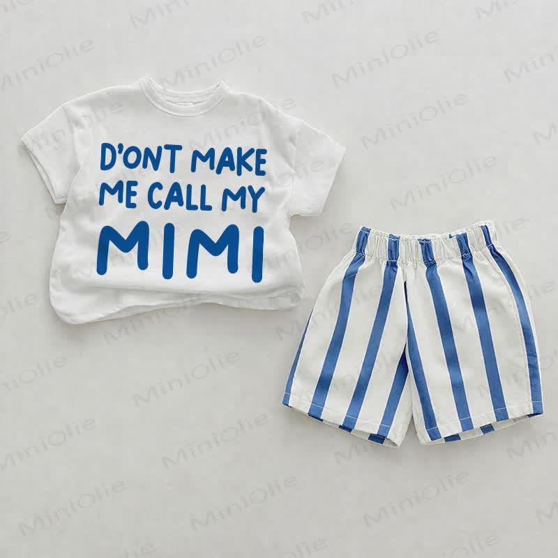 「D'ONT MAKE ME CALL MY MIMI」プリント ブルー 縦ストライプ 2ピース ショートパンツセット - ホワイト＆ブルー - 2～3歳 - image 1