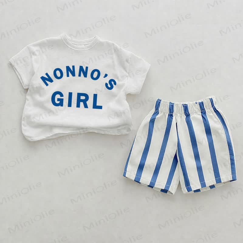 NONNO'S GIRLプリント ブルー 縦ストライプ ツーピース ショートパンツセット - ホワイト＆ブルー - 2～3歳 - image 1