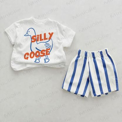 SILLY GOOSEベビーブルー縦ストライプ ツーピース ショートパンツセット - ホワイト＆ブルー - 2～3歳 - image 1