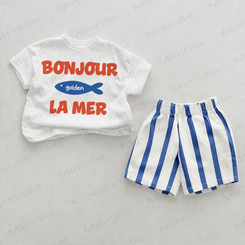 BONJOUR LAMERベビーブルー縦ストライプ2ピースショーツセット - ホワイト＆ブルー - 2～3歳 - image 1