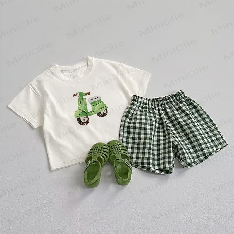 ベビー用電動乗り物Tシャツとチェック柄ショートパンツの2点セット - ホワイト＆グリーン - 3～5歳 - image 1