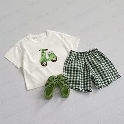 ベビー用電動乗り物Tシャツとチェック柄ショートパンツの2点セット - ホワイト＆グリーン - 3～5歳 - image 1