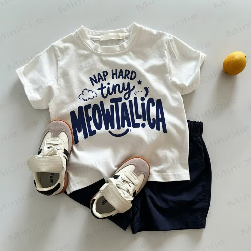 NAP HARD TINY MEOWTALLICAベビー幼児用Tシャツ＆ショートパンツ 2点セット - ホワイト＆ネイビー - 3～5歳 - image 1