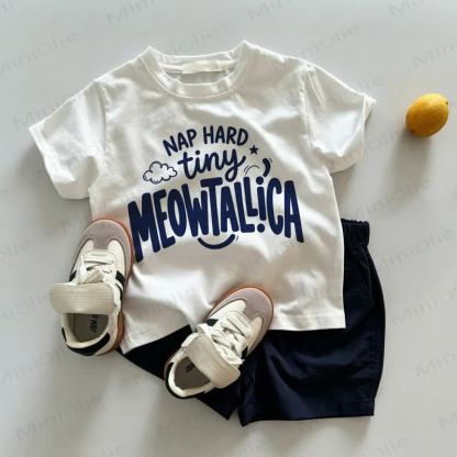 NAP HARD TINY MEOWTALLICAベビー幼児用Tシャツ＆ショートパンツ 2点セット - ホワイト＆ネイビー - 3～5歳 - image 1