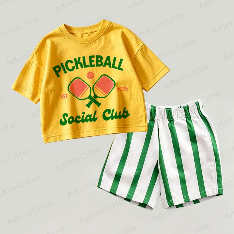 PICKLEBALL SOCIAL CLUBベビーイエロー＆グリーン トップスとストライプショーツ 2点セット - 黄色と緑 - 2～3歳 - image 1