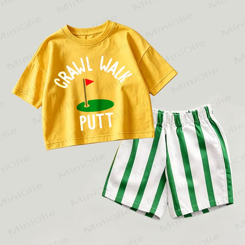 CRAWL WALK PUTTベビー用イエロー＆グリーンのトップスとストライプのショートパンツのツーピースセット - 黄色と緑 - 2～3歳 - image 1