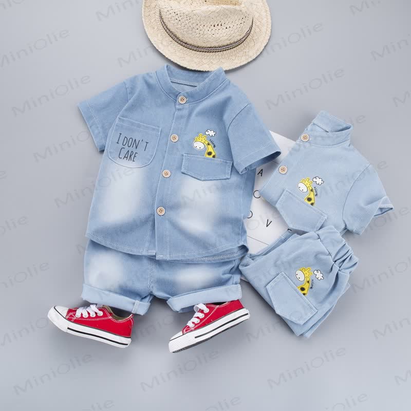 ベビーライトウォッシュ キリン柄シャツ＆ショートパンツ 2点セット - image 1