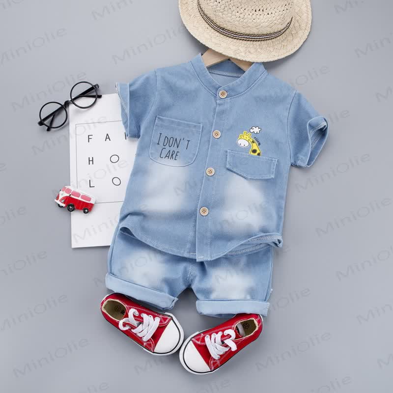ベビーライトウォッシュ キリン柄シャツ＆ショートパンツ 2点セット - 青 - 3～4歳 - image 2
