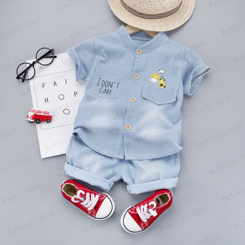 ベビーライトウォッシュ キリン柄シャツ＆ショートパンツ 2点セット - 水色 - 3～4歳 - image 3