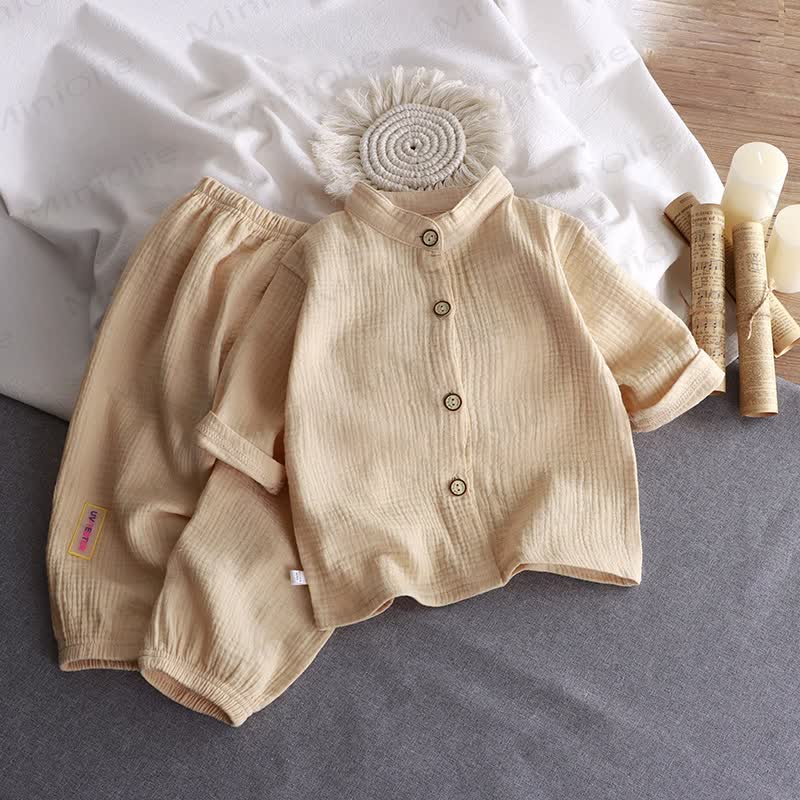 幼児用しわ加工コットン製マンダリンカラーシャツ＆パンツ 2点セット - カーキ - 8-9T - image 3