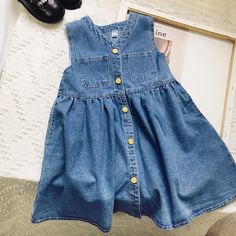 幼児用女の子向けブルーのヴィンテージウォッシュドデニムボタンフロントDress - 青 - 8-9T - image 1