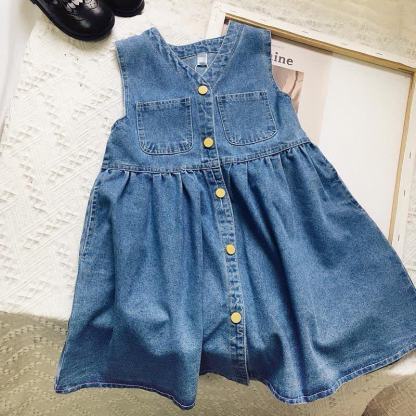 幼児用女の子向けブルーのヴィンテージウォッシュドデニムボタンフロントDress - 青 - 8-9T - image 1