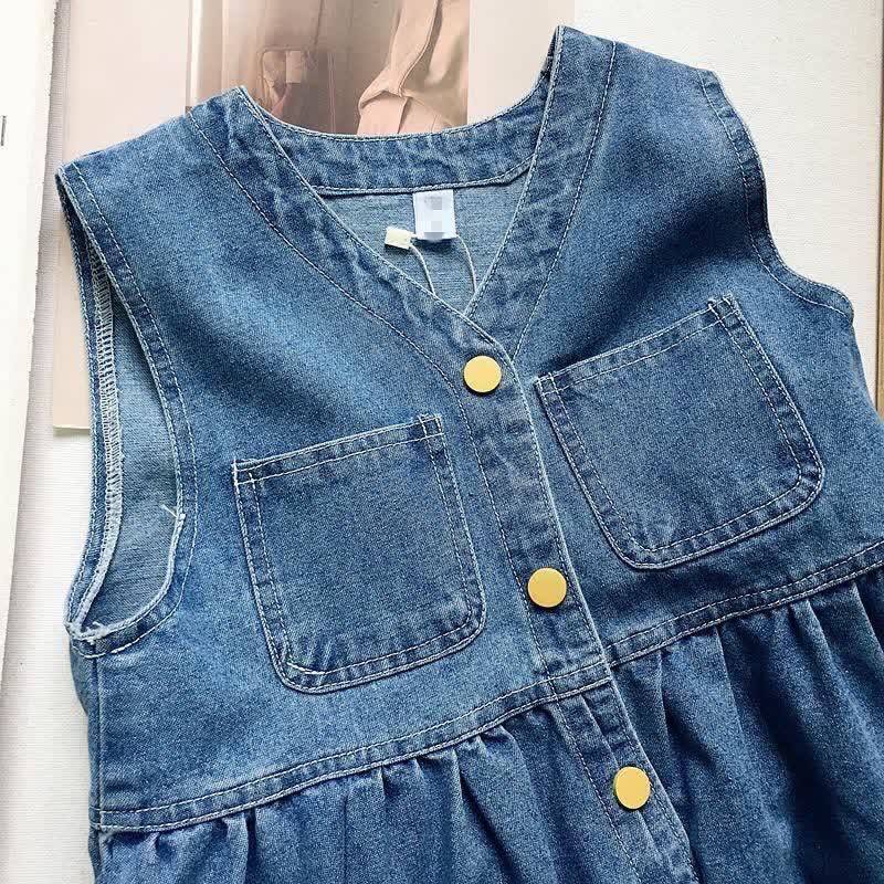 幼児用女の子向けブルーのヴィンテージウォッシュドデニムボタンフロントDress - image 2