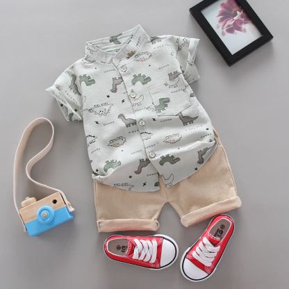 赤ちゃん用恐竜柄Tシャツ＆ショートパンツ2点セット - グレー - 3～4歳 - image 3