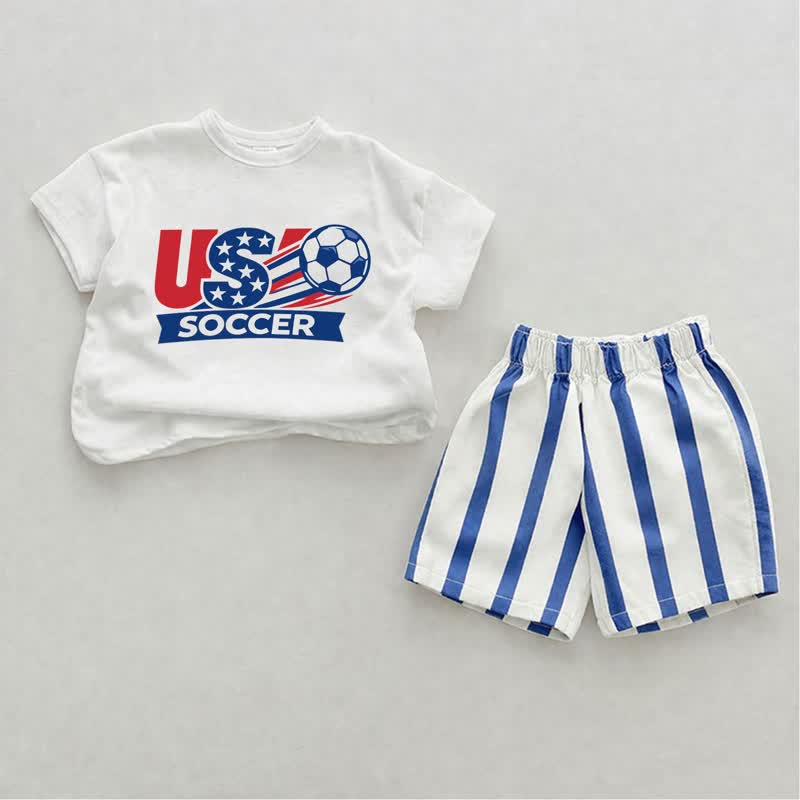 USA SOCCERベビー用フットボール柄 ブルー 縦ストライプ 2ピースショーツセット - ホワイト＆ブルー - 2～3歳 - image 1
