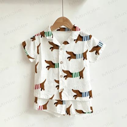ベビー幼児用ダックスフンド柄シャツ＆ショーツ 2点セット - 白 - 3～5歳 - image 1