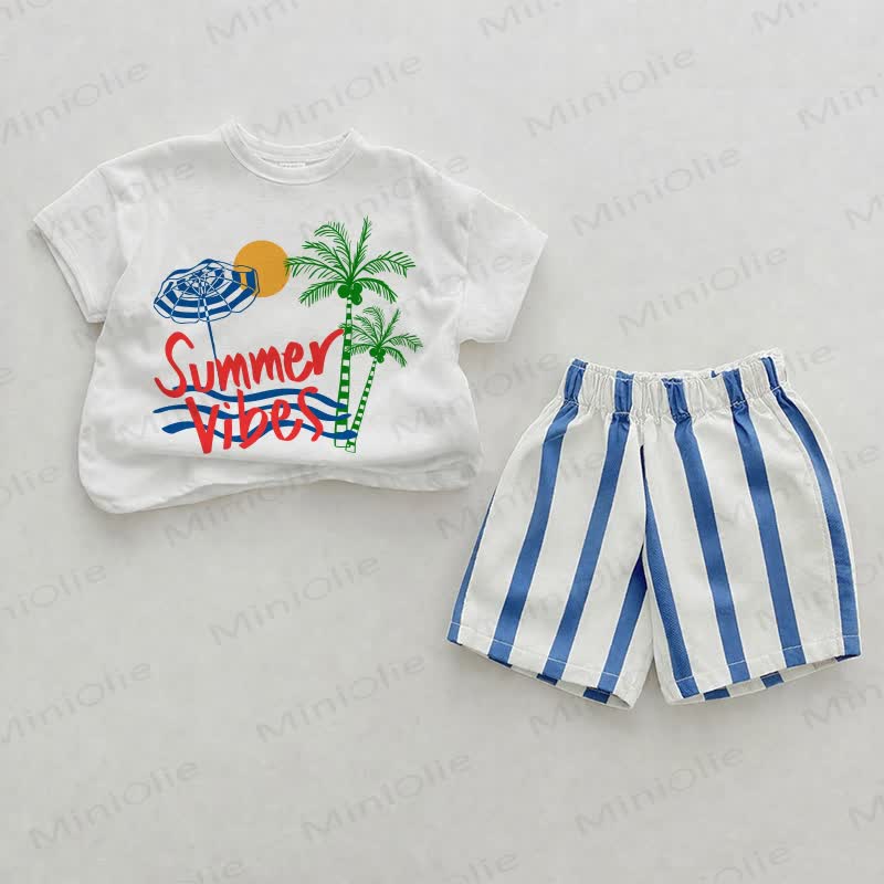 SUMMER VIBESベビービーチプリント ブルー縦ストライプ ツーピースショーツセット - ホワイト＆ブルー - 2～3歳 - image 1