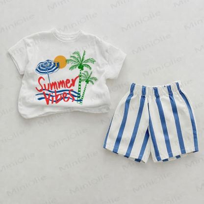 SUMMER VIBESベビービーチプリント ブルー縦ストライプ ツーピースショーツセット - ホワイト＆ブルー - 2～3歳 - image 1